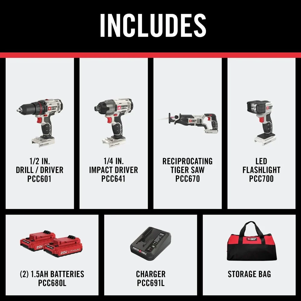 Porter Cable 20V MAX Cordless 4 tool Combo Kit 20 volt