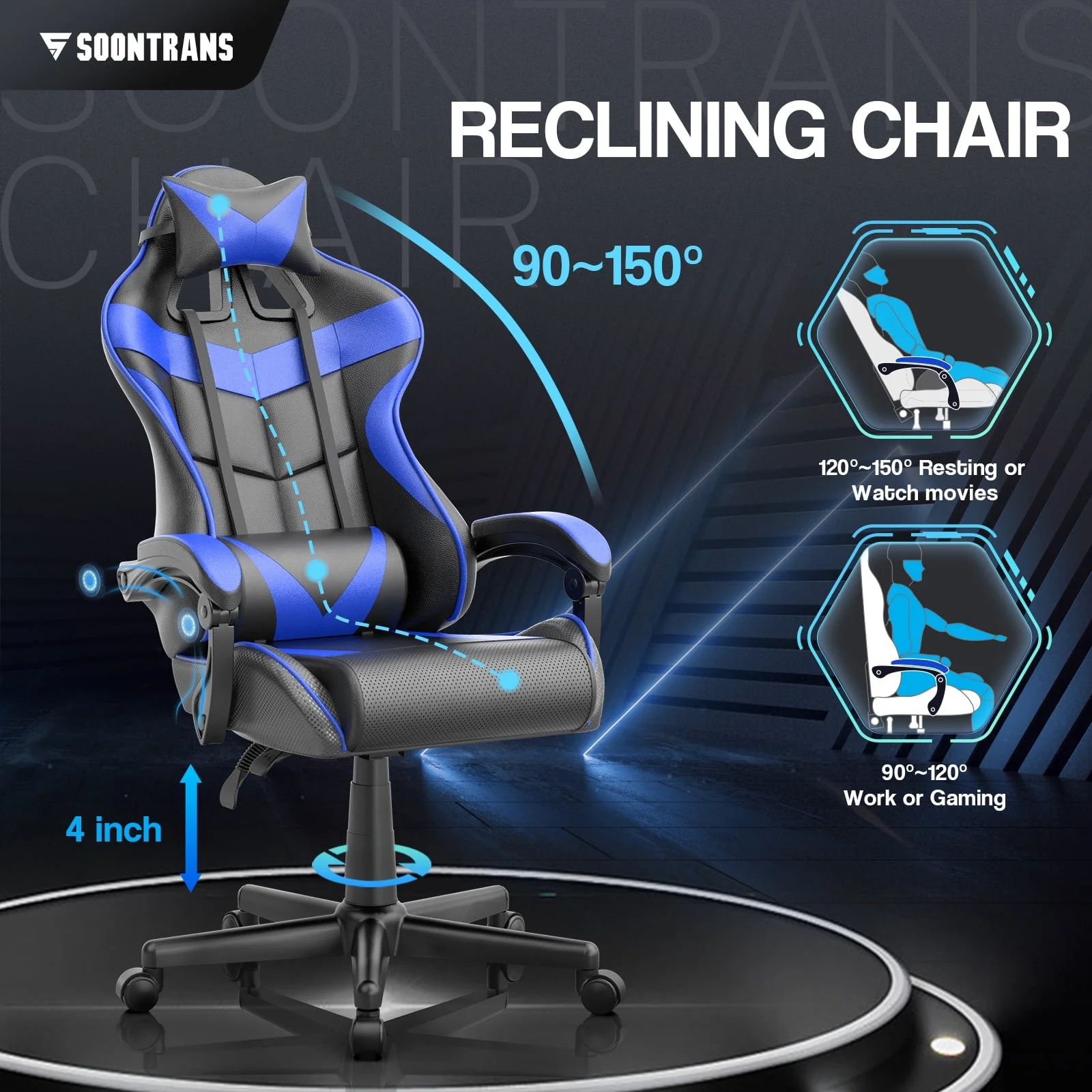 Gaming Chair with Massage, High Back Computer Gamer Chair for Adults and s, Ergonomic Game Chair with Adjustable Headrest and Lumbar Support (Blue)(��Z��Blue) - Image 8