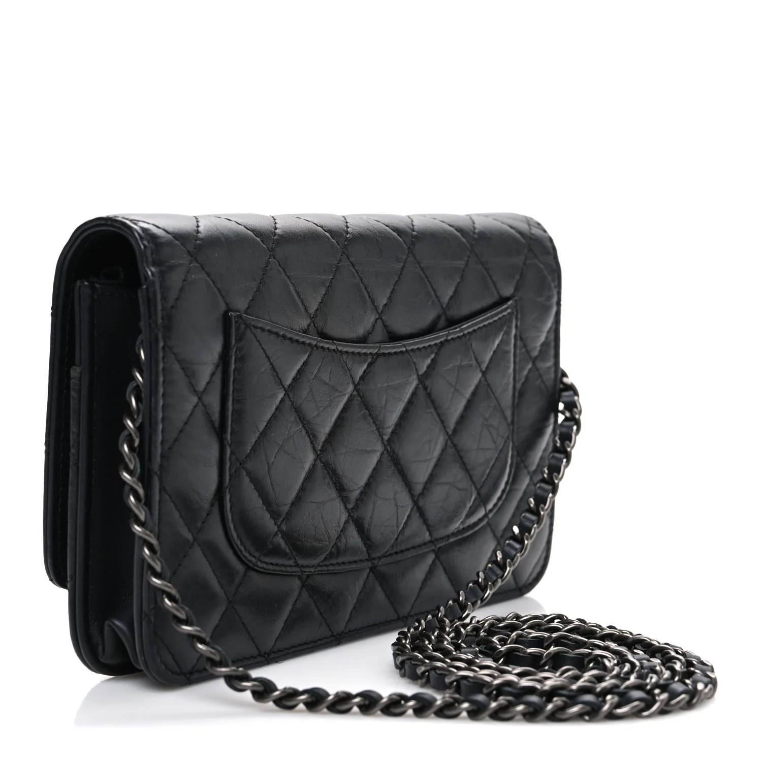Aged Calfskin Quilted Lucky Charms 2.55 Reissue Wallet On Chain WOC Black