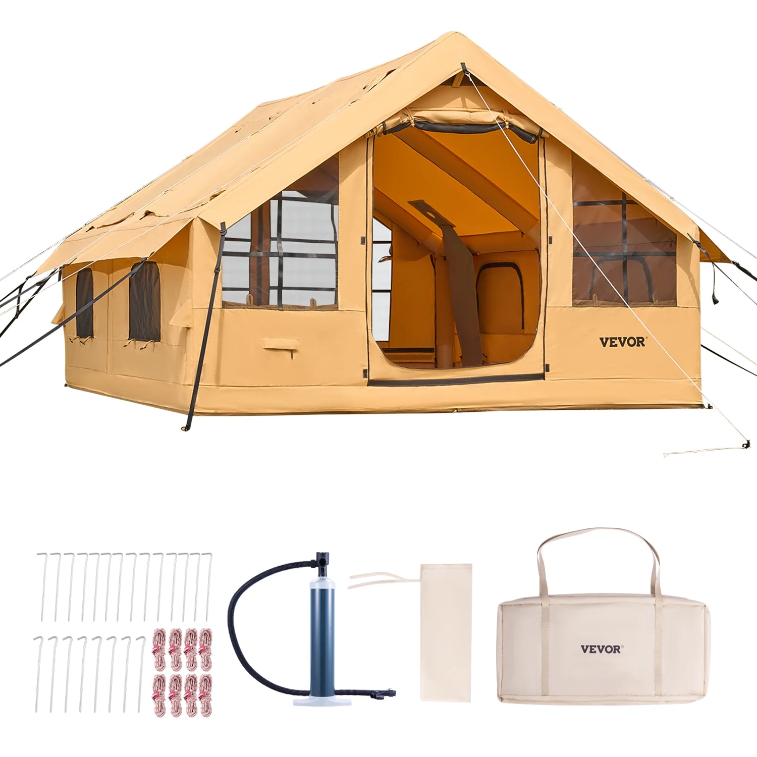 Inflatable Tents for Camping, 5-8 Person Easy Setup Blow up Tent with Hand Pump, Luxury Glamping Tent with 2 Skylights, Canopy, Stove Jack 2 Doors Mesh Windows (Storage Bag Included) - Image 9