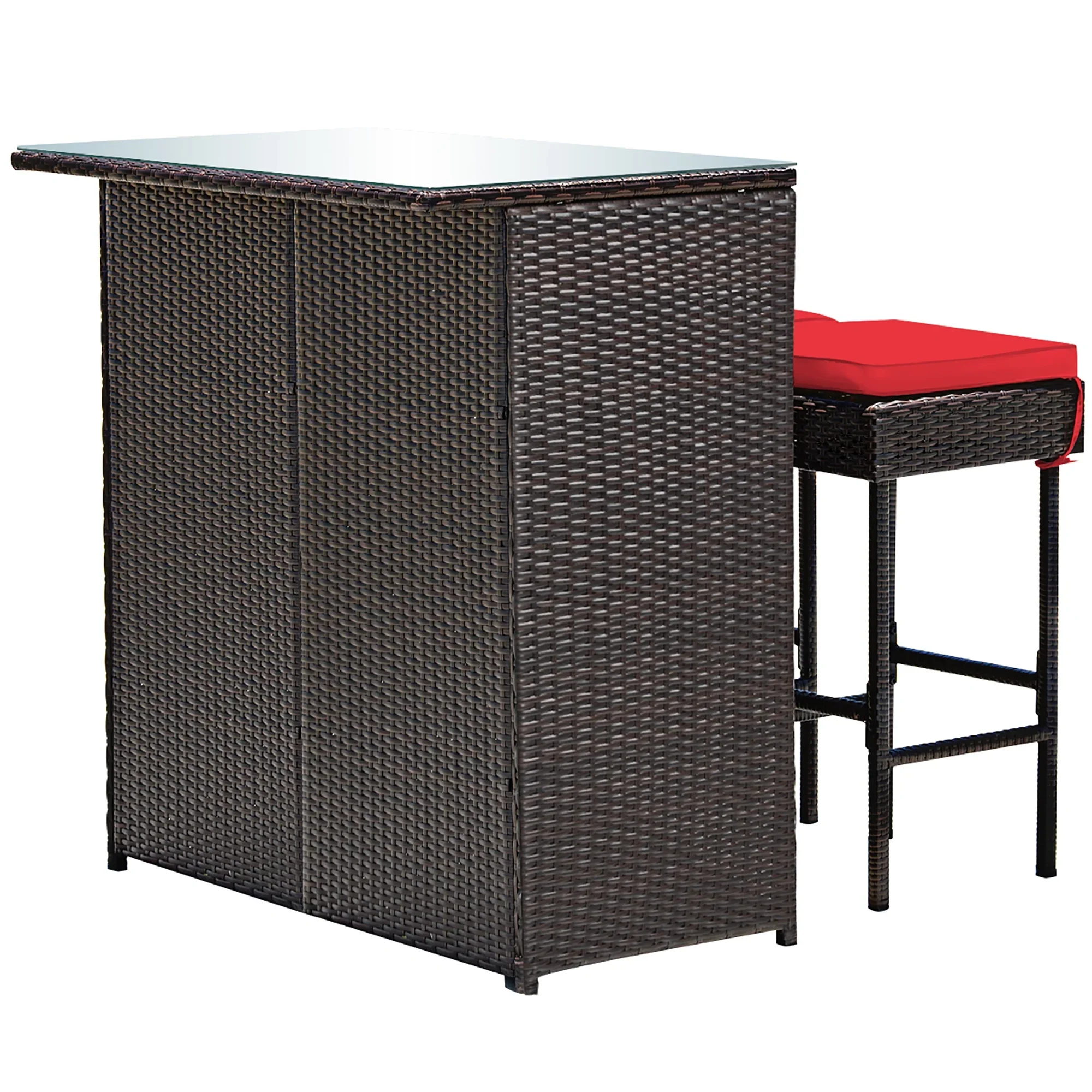 Costway 3PCS Patio Rattan Wicker Bar Table Stools Dining Set Cushioned Chairs Garden