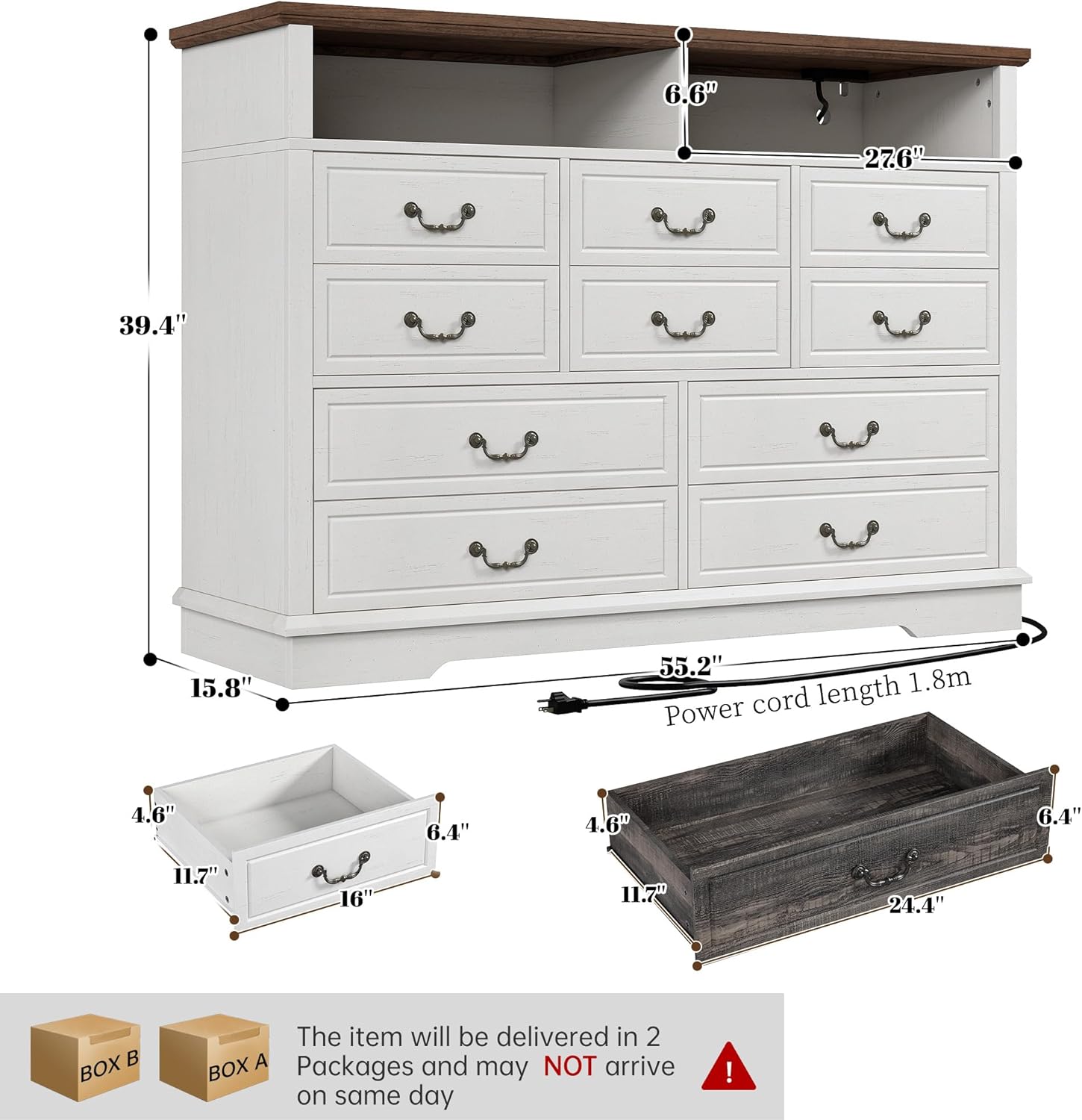 EnHomee 10 Drawers Dresser for Bedroom 55.2''Wide Wood Dresser White with LED & Power Outlet Large Space Saver & Chests of Drawers for Hallway, 55.2