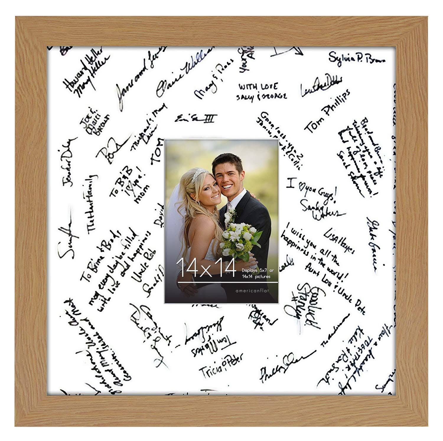 Americanflat 14x14 Oak Wedding Signature Picture Frame Displays 5x7 Photo with Polished Glass