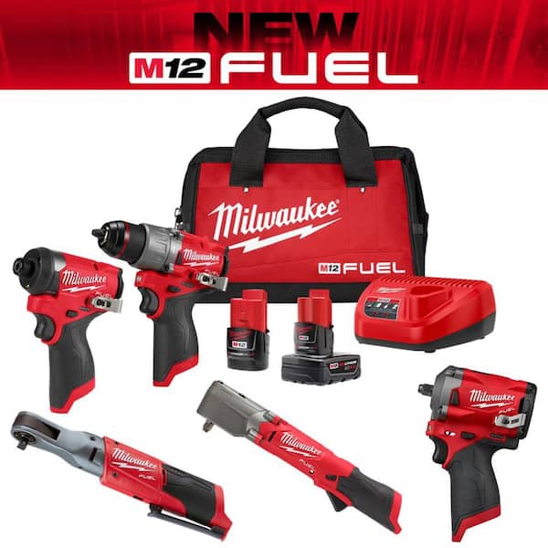 M12 FUEL 12 Volt Li Ion Brushless Cordless Hammer Drill/Impact Driver/Impact Wrench/Ratchet Combo Kit (5 Tool)