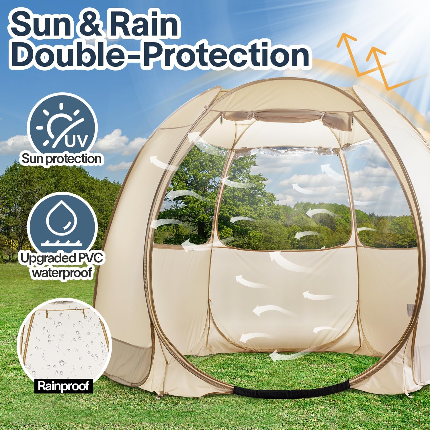 Gazebo moustiquaire pouvant accueillir 6, 10 ou 15 personnes. Tente de style igloo avec moustiquaire latérale. Idéal