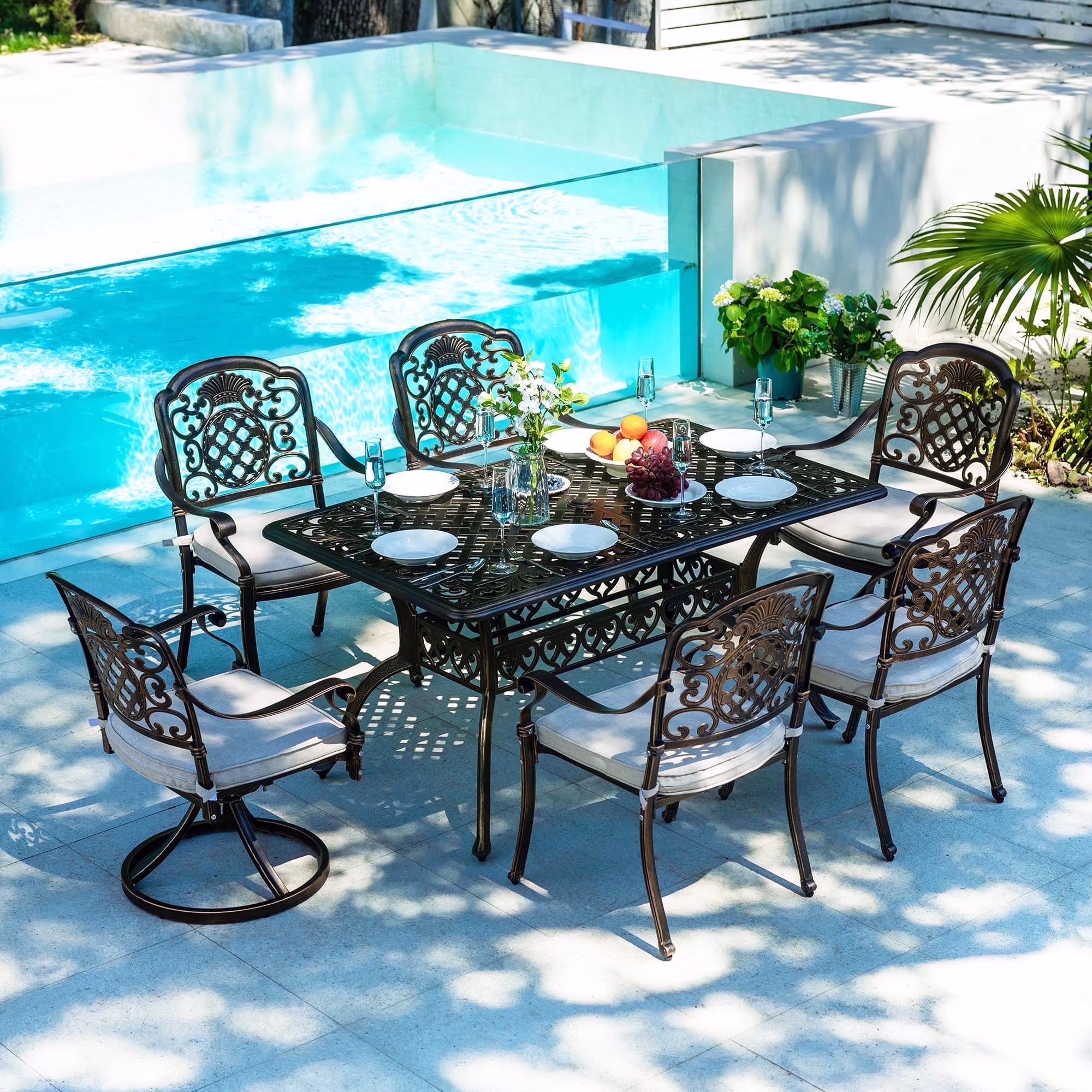 7 - Piece Patio Furniture Dining Set, All - Weather Cast Aluminum Outdoor Table and Chairs for 6, Includes 4 Dining Chair & 2 Swivel Chairs & 60 Rectangular Table, Beige
