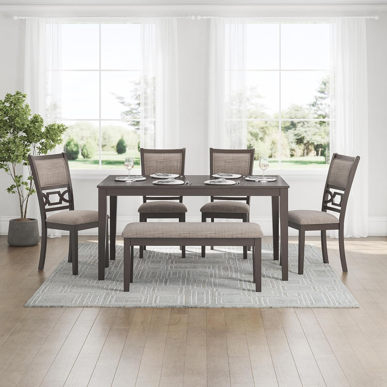 Signature Design by Ashley Wrenning Diamond Patterned Dining Table Set, 4 Upholstered Chairs and Bench, Seats 6, Wood, Gray