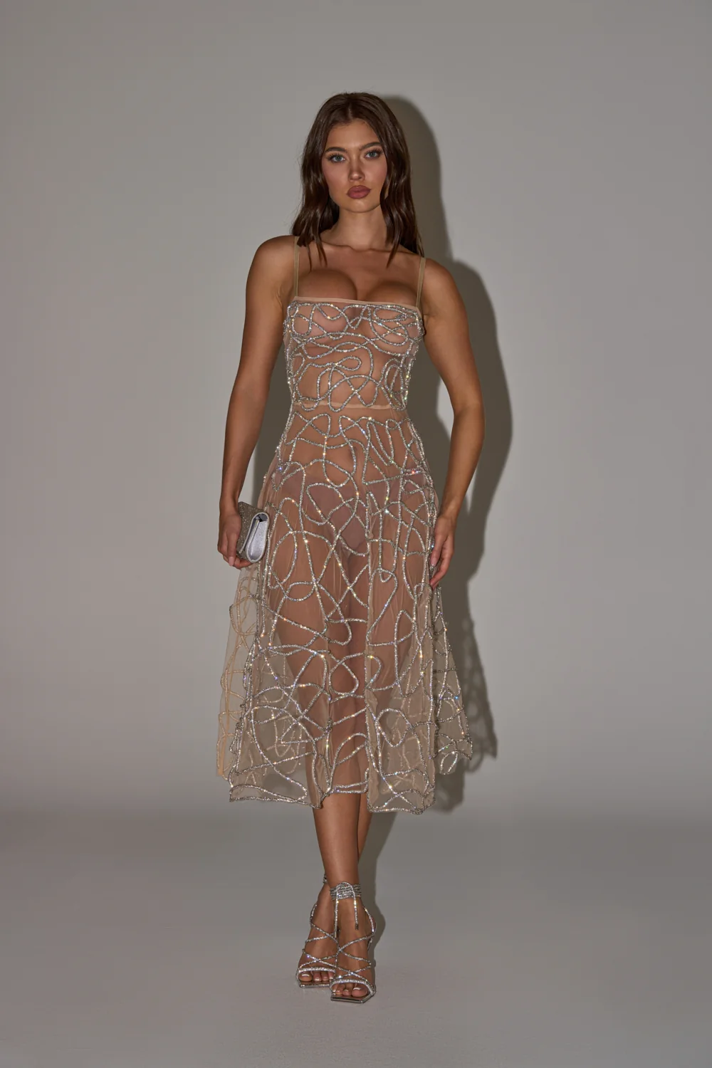 RIGHT THIS WAY RHINESTONE MIDI DRESS IN NUDE - Akira Store