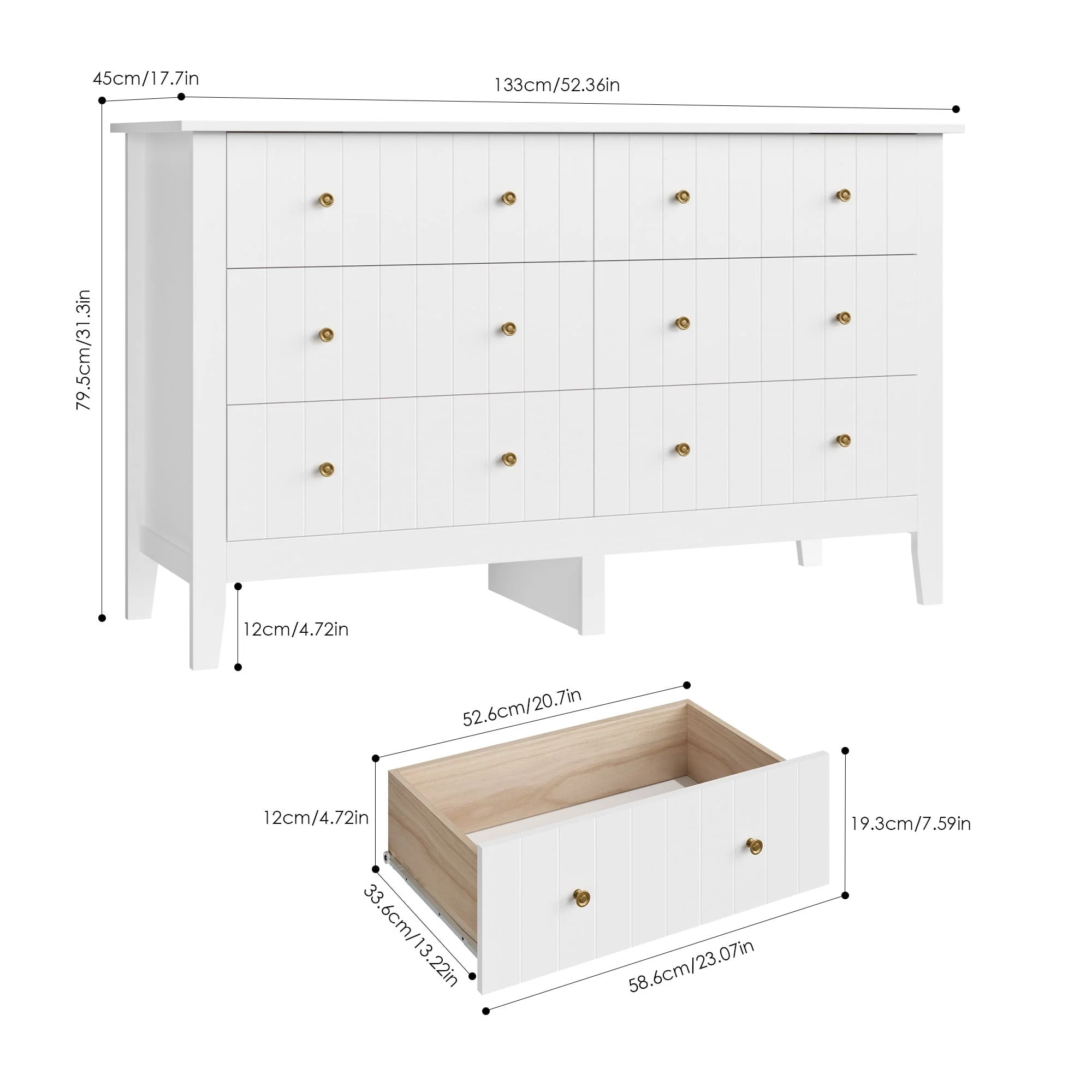 Homfa 6 Drawer Double White Dresser for Bedroom, Modern Wood Dresser Storage Cabinet for Living Room Image 8