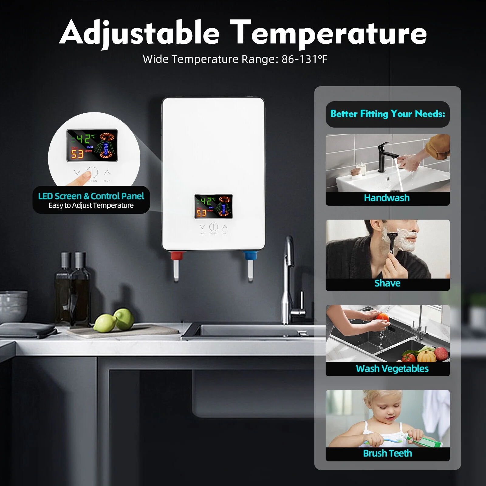 4500W Whole House Electric Water Heater Tankless Instant Water Heater with Shower Head 110V 30 - 55