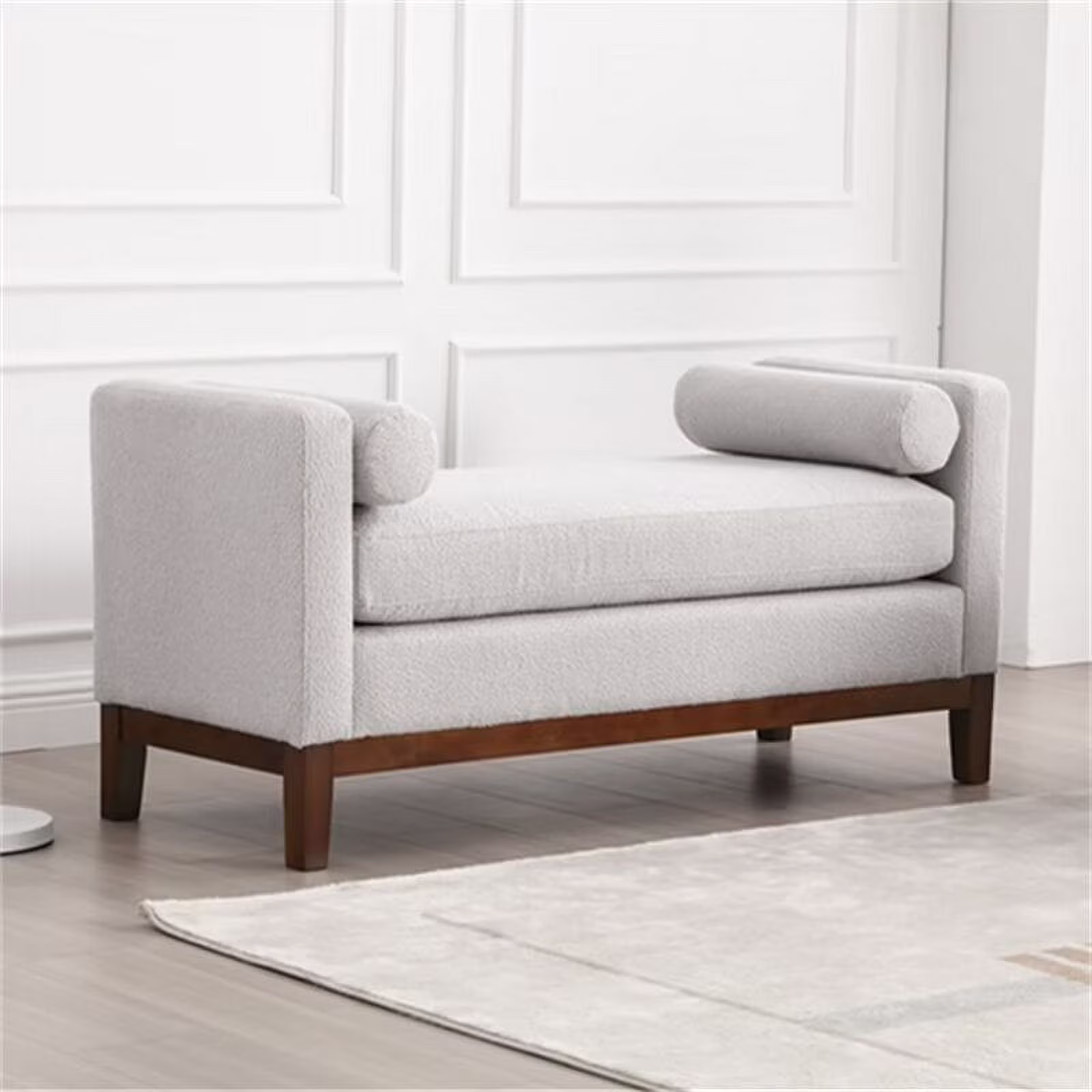 End of Bed Bench, 53.5" Boucle Fabric Upholstered Entryway Bench with Wood Legs Bolster Pillows, Rolled Arm Cushioned Ottoman Foot Rest Long Stool Window Extra Seating for Bedroom, Ivory(Ivory) - Image 3