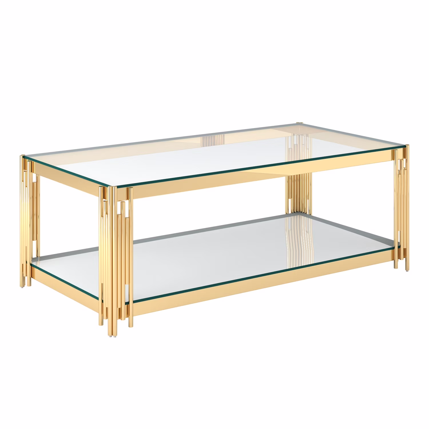 Glass Top Contemporary Metal Coffee Table with Lower Shelf in Gold(Gold)
