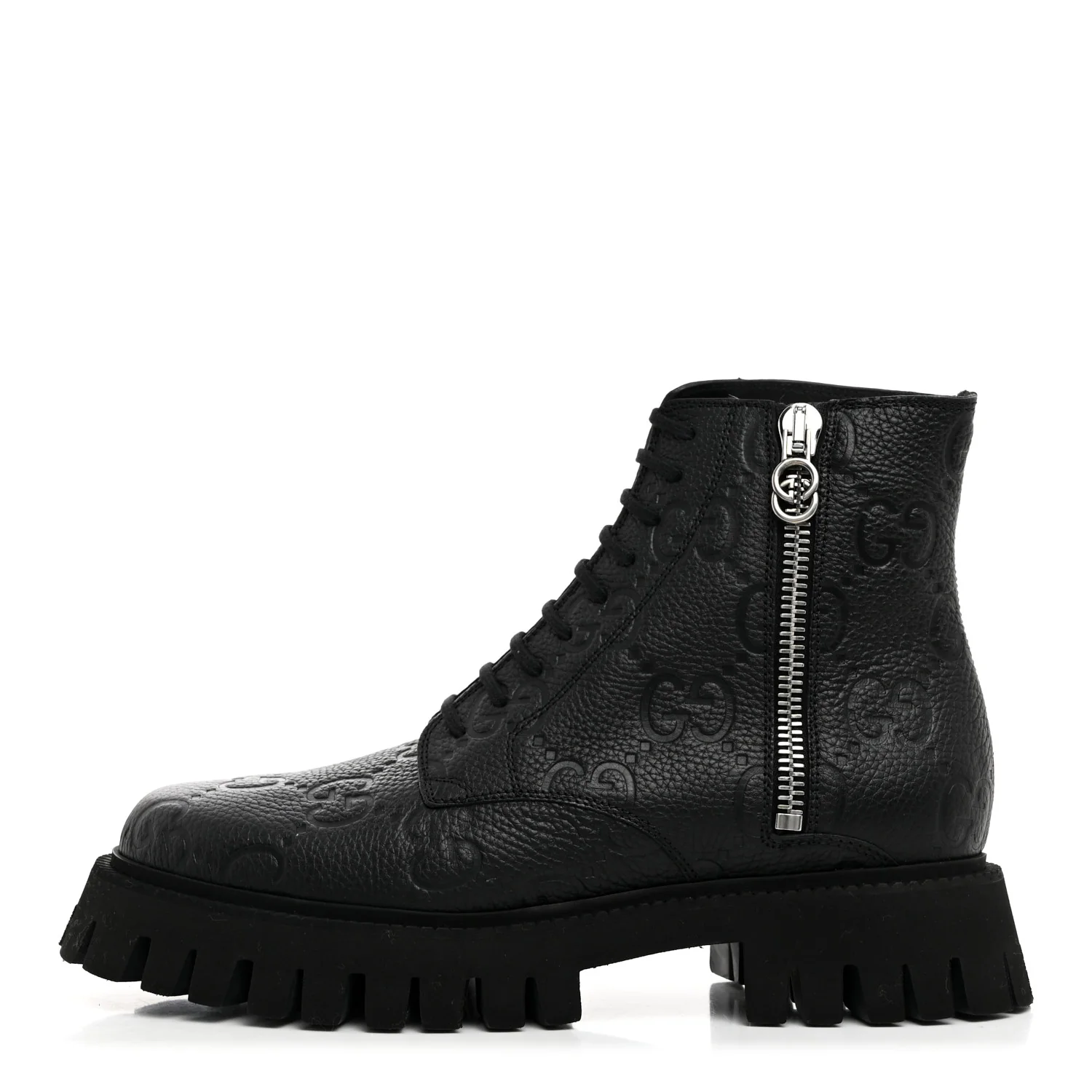 Calfskin Embossed Monogram Lace Up Ankle Boots 8 Black