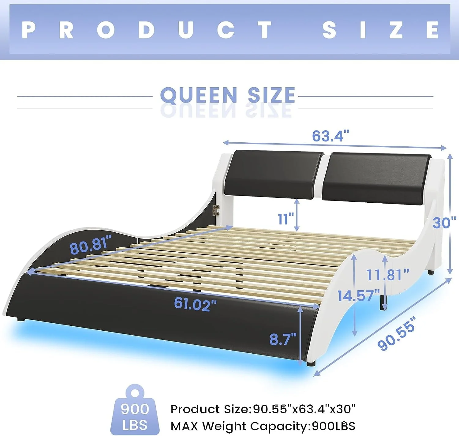 Queen Size Bed Frame with LED Lights,Modern Platform Bed Frame with Upholstered Headboard,Faux Leather Wave Like Low Profile Bed Frame,No Box Spring Needed,Black(Full Black) Image 9
