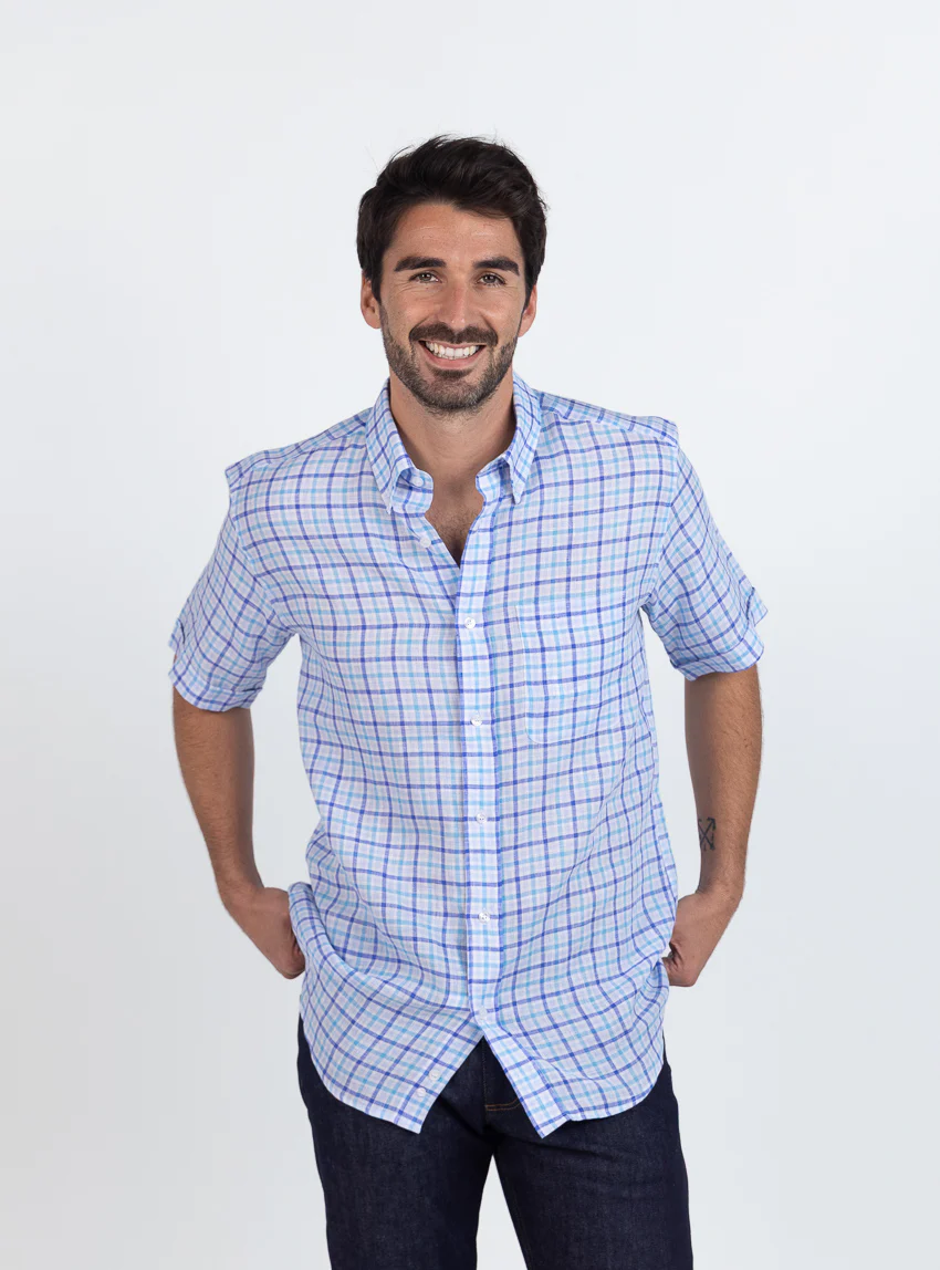 Chemise homme en lin carreaux bleus