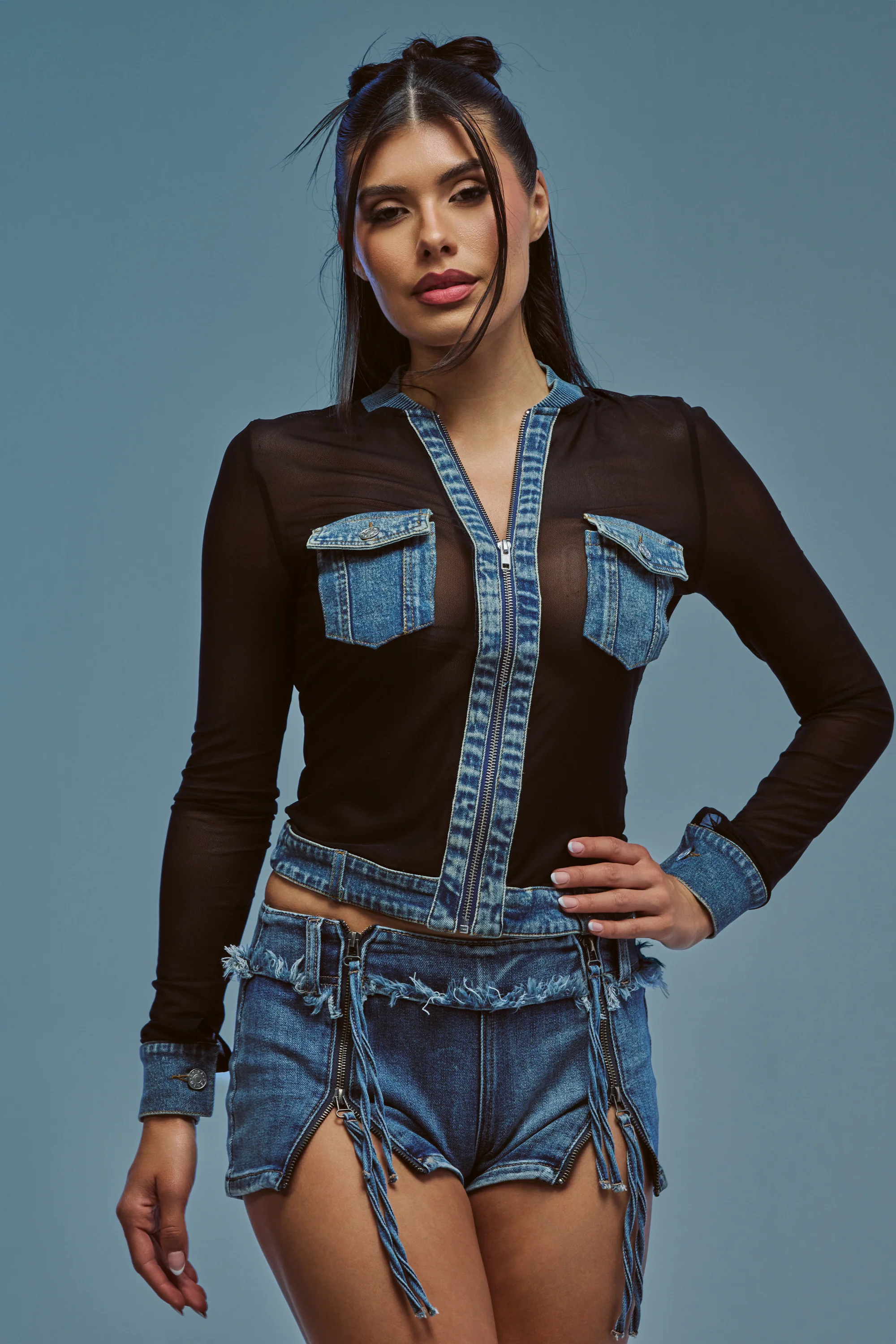 DENIM TRIM MESH ZIP UP TOP - Akira Store