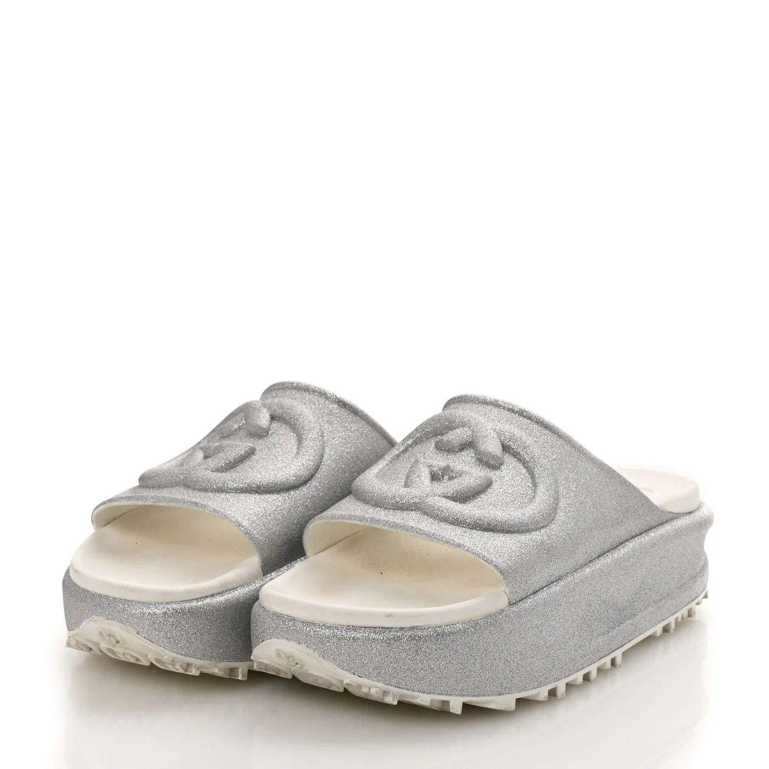 Glitter Rubber Womens Interlocking G Platform 42mm Slide Sandals 40 Silver