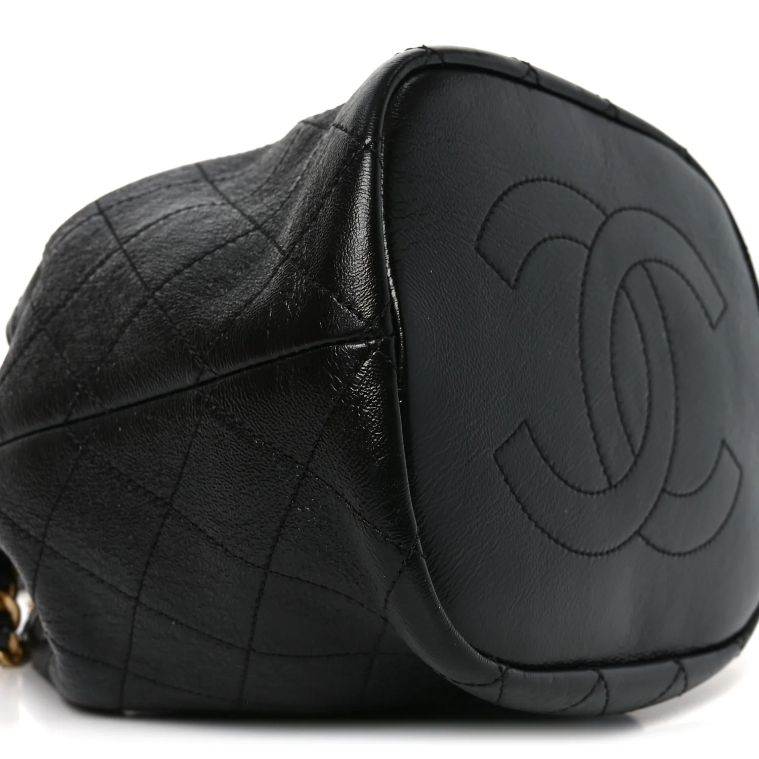 Shiny Lambskin Quilted Fashion Therapy Bucket Drawstring Bag Black
