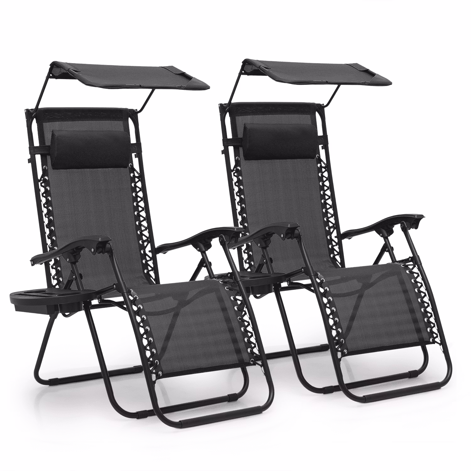 Zero Gravity Chairs Set of 2, Folding Outdoor Patio Beach Recliner with Canopy Shade Headrest, Black(Black)