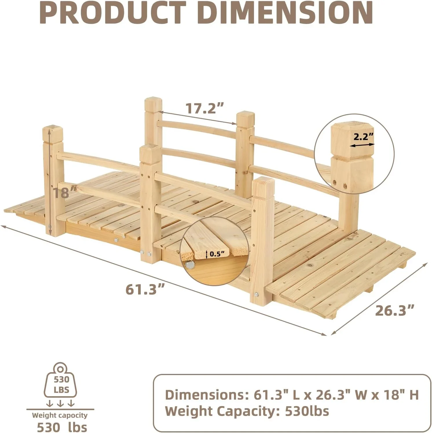 Classic Wooden Garden Bridge �C Arch Footbridge with Safety Railings