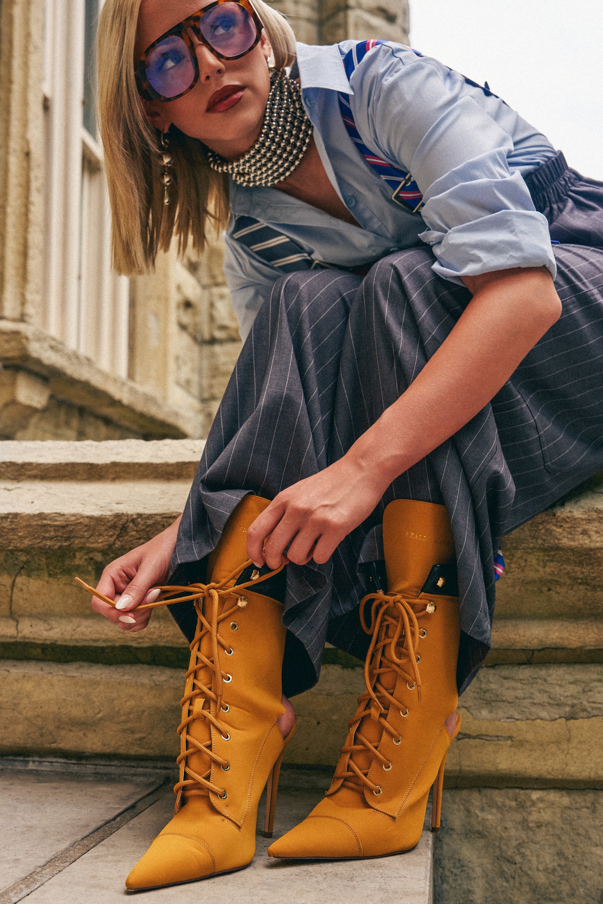 AZALEA WANG XIOMARA YELLOW LACE UP STILETTO BOOTIE - Akira Store