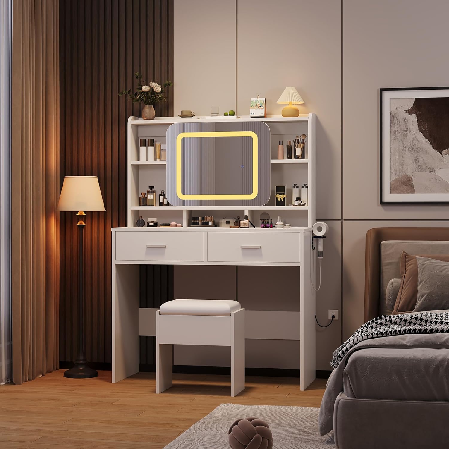 Dressing Table White Glam Vanity Set with Sliding Mirror & Stool, Vanity Desk with Mirror Features 3-Color LED Lights, USB Charging Hub, 2 Drawers & Storage Shelves, Perfect Dressing Table for Bedroom