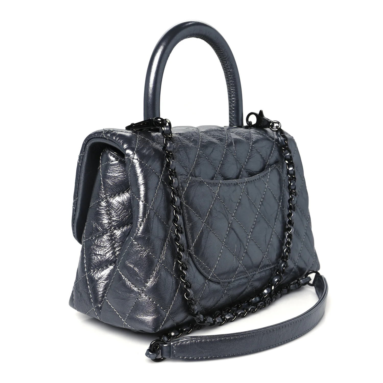 Metallic Aged Calfskin Quilted Mini Coco Handle Flap Charcoal