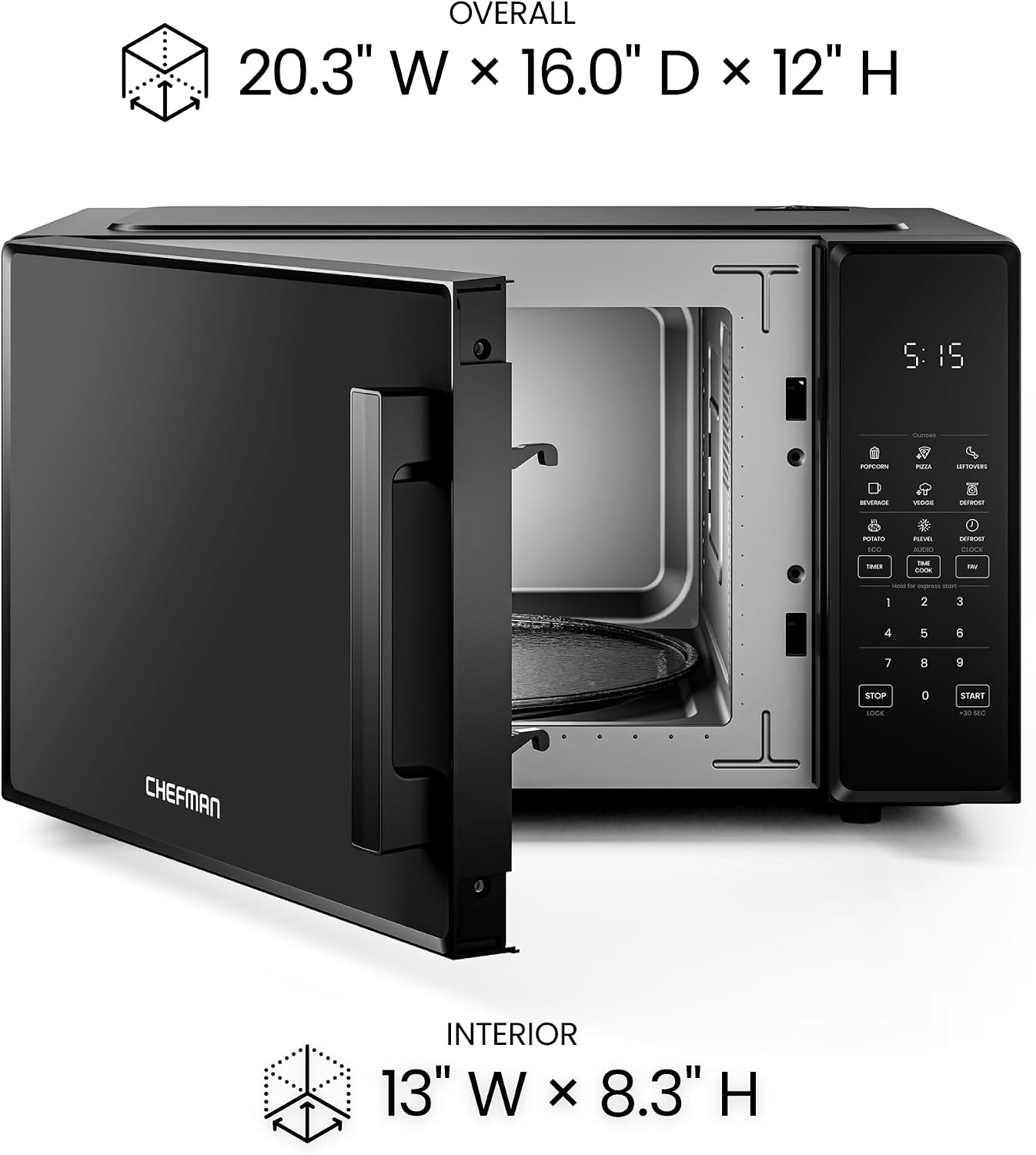 Chefman Countertop Microwave Oven 1.1 Cu 1000 Watts with 10 Power Levels, 6 Cooking Presets with One-Touch Express Cook, Eco Mode, Child Safety Lock, & Mute Button - Black