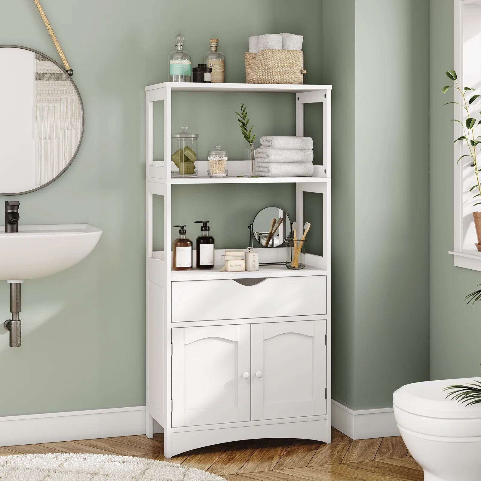 Sideboard Storage Cabinet with DrawerShelves, Kitchen Pantry Storage Cabinet with Microwave SpaceCupboard, Modern Freestanding Floor Bathroom Cabinet/Bookshelf for Home Office, White(WhiteDrawer) - Image 9