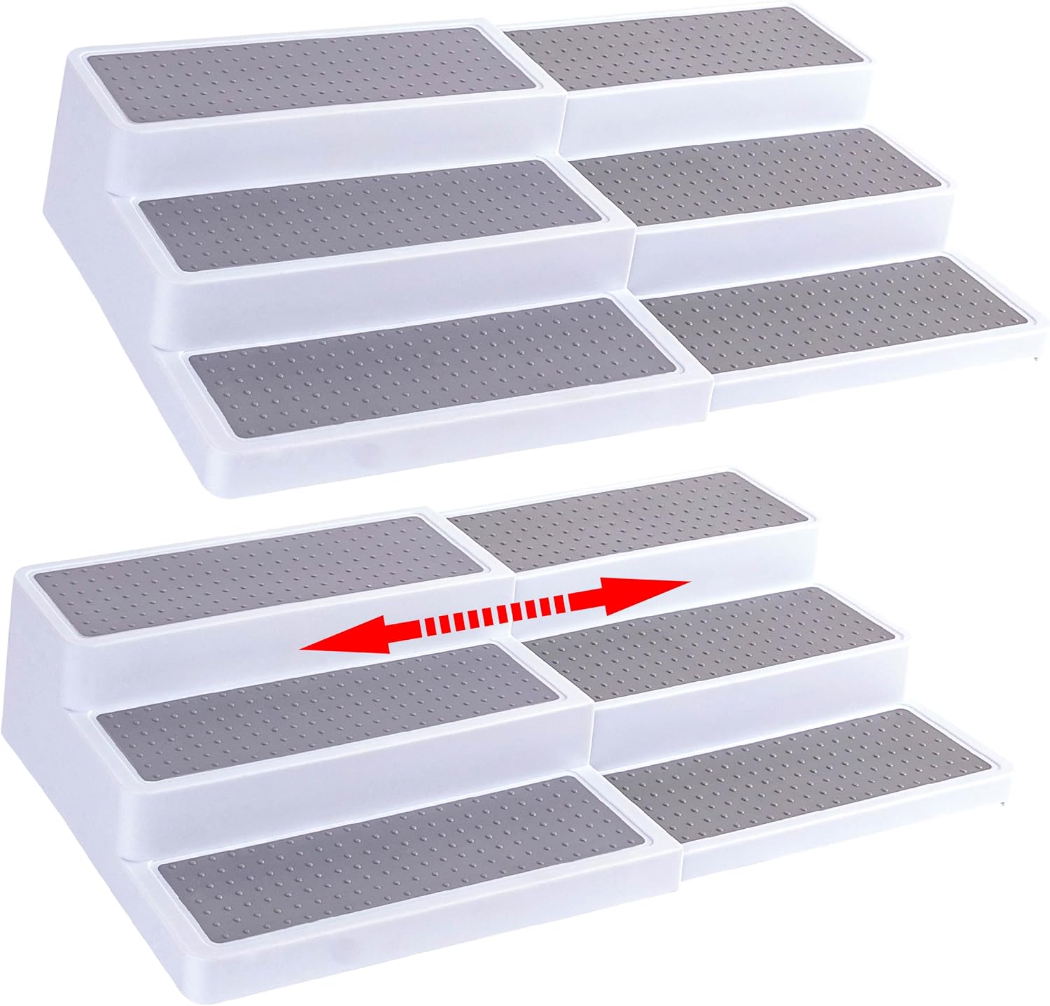 Oizeir Plastic 3-Tier Expandable Spice Rack, Adjustable Length, Stable with Non-Skid Shelf, For Easy Visibility, Organizer for Kitchen Cabinet, Pantry or Countertop, (2-Pack), White/Grey
