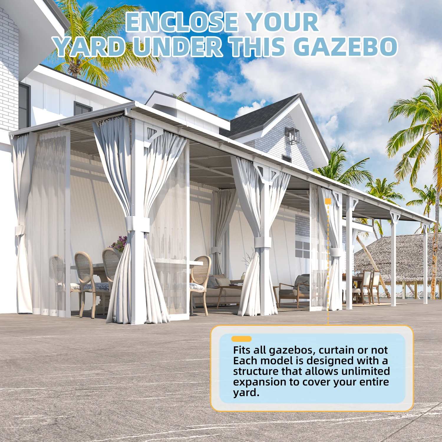 AECOJOY 14'x8' Wall Gazebo with Curtains and Mosquito Netting, White