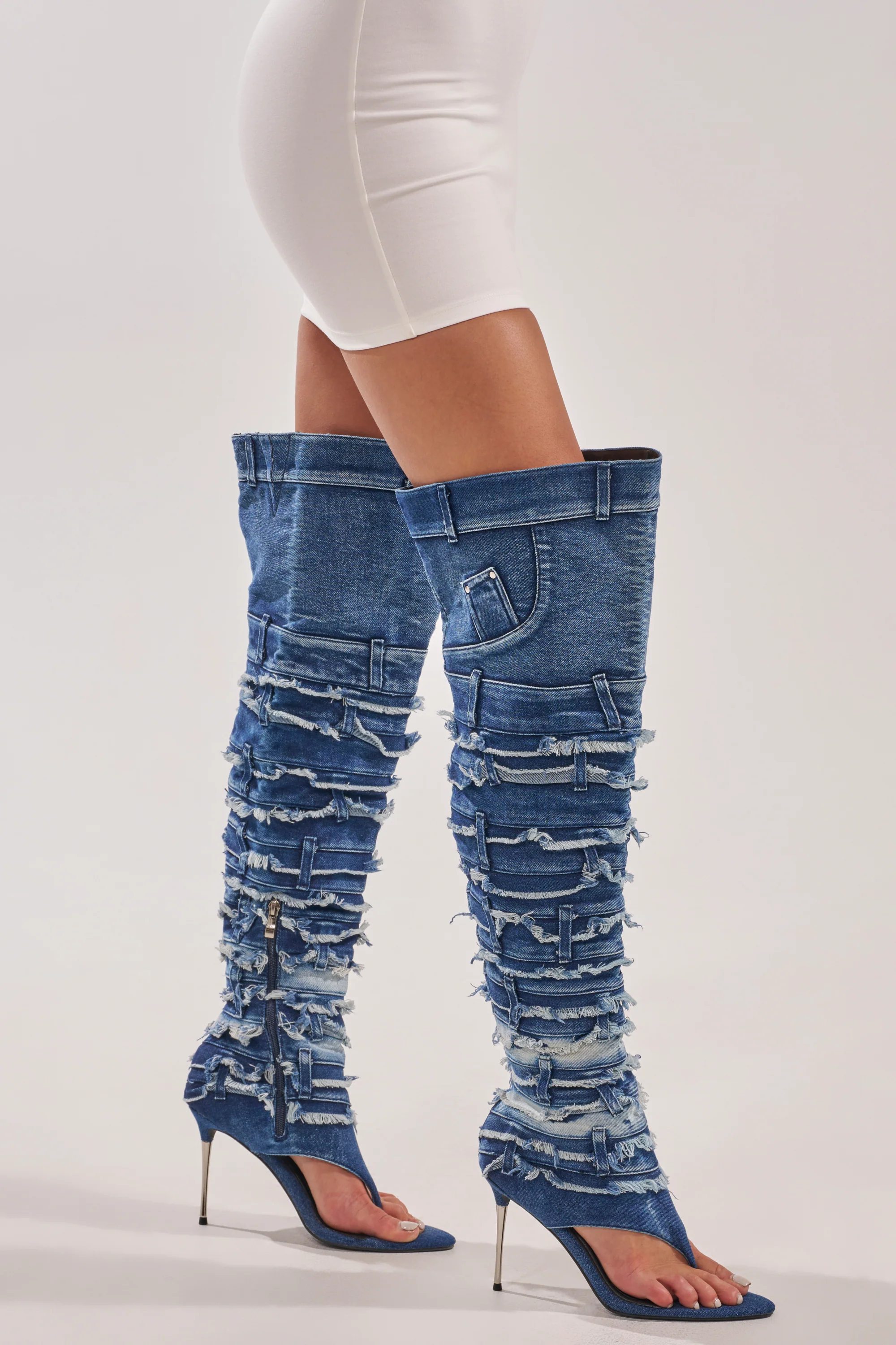 AZALEA WANG SENA DENIM STILETTO OPEN TOE BOOT - Akira Store