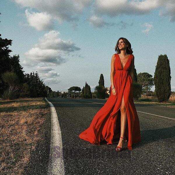 Red Sexy Simple Deep V neck Side Split Chiffon Prom Dresses DM902