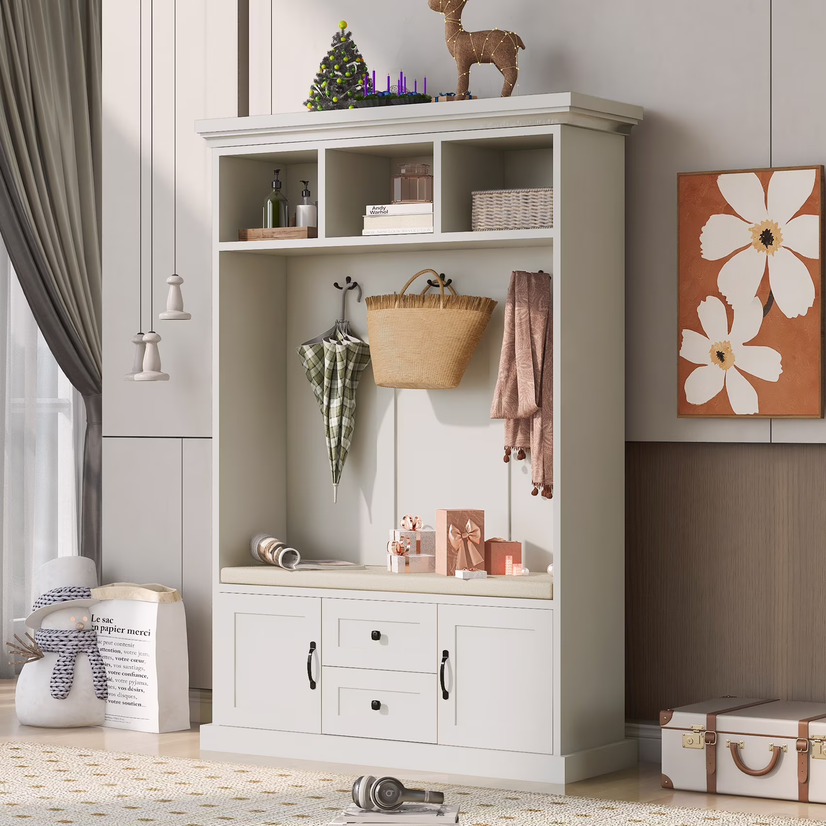 Hall Tree with Upholstered Bench and Coat Rack, Entryway Bench with 3 Hooks, 3 Open Shelves, 2 Drawers Storage Cabinets, Mudroom Bench with Storage and Hooks for Foyer, Entry Way, Hallway (Beige)(47"W/Beige with 2 Drawers 2 Cabinets)