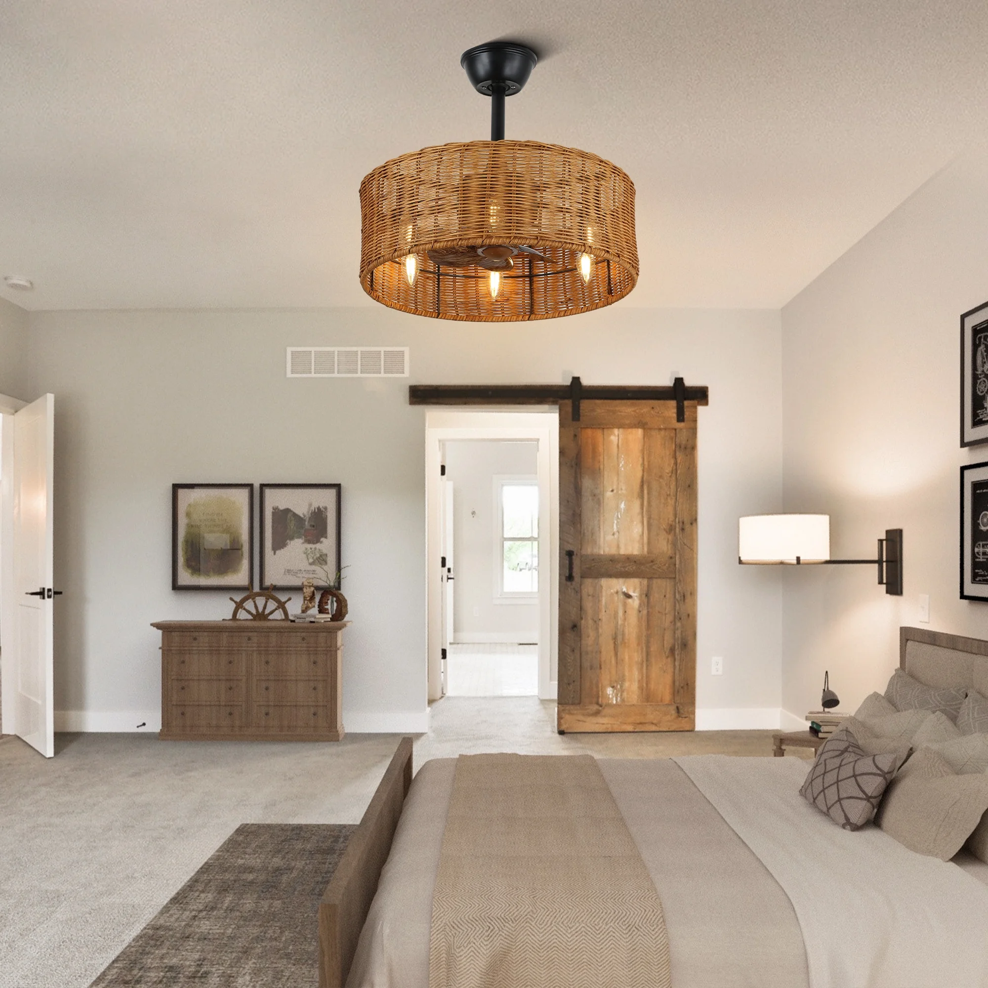 6-Light Bohemian Rattan-Woven Drum Ceiling Fan with Light and Remote Control, Bella Depot Black 3-Speed Chandelier