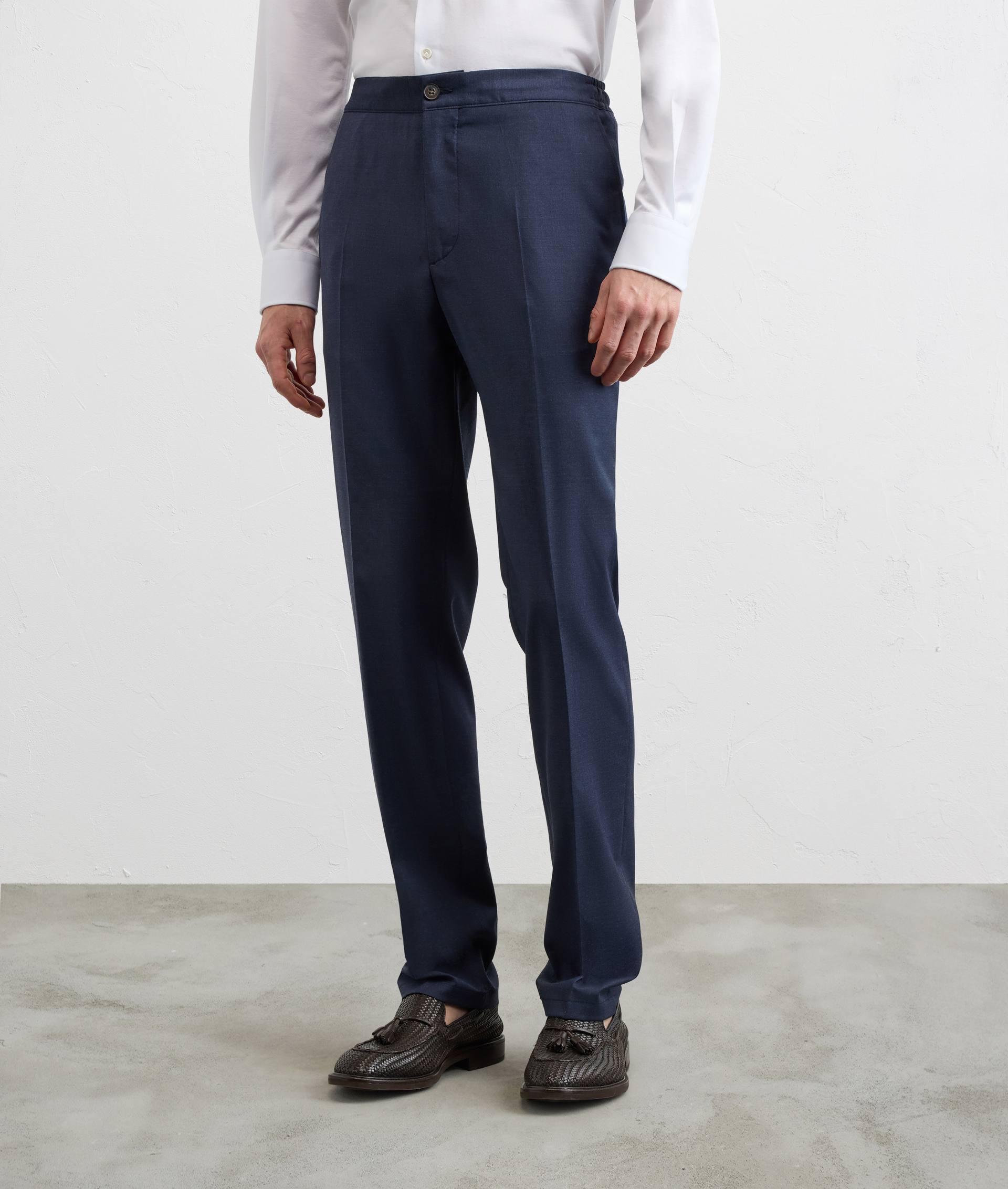 WOOL AND ELASTANE CANVAS TROUSERS WITH BLUE DRAWSTRING