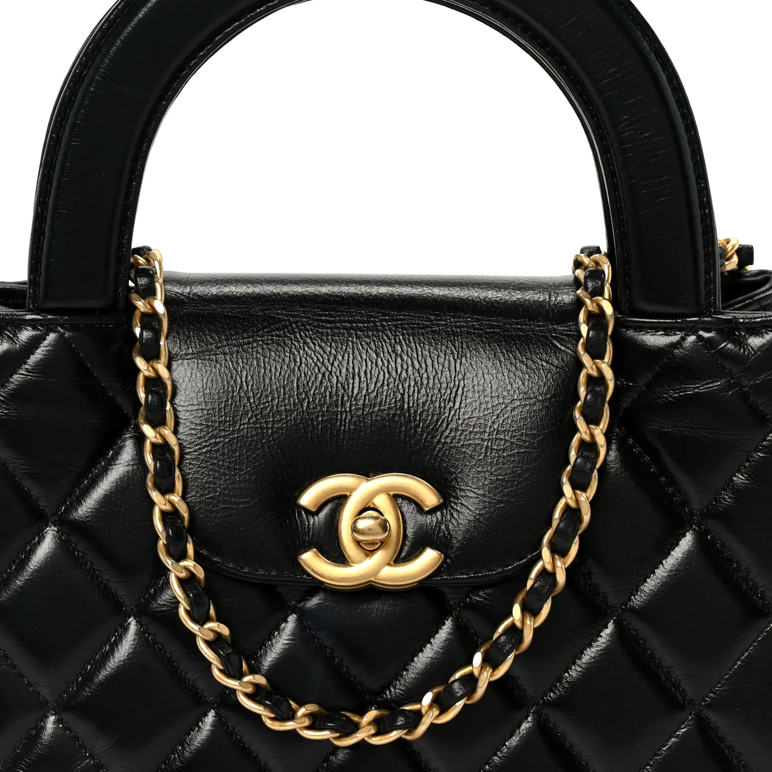 Shiny Aged Calfskin Quilted Nano Kelly Shopper Black