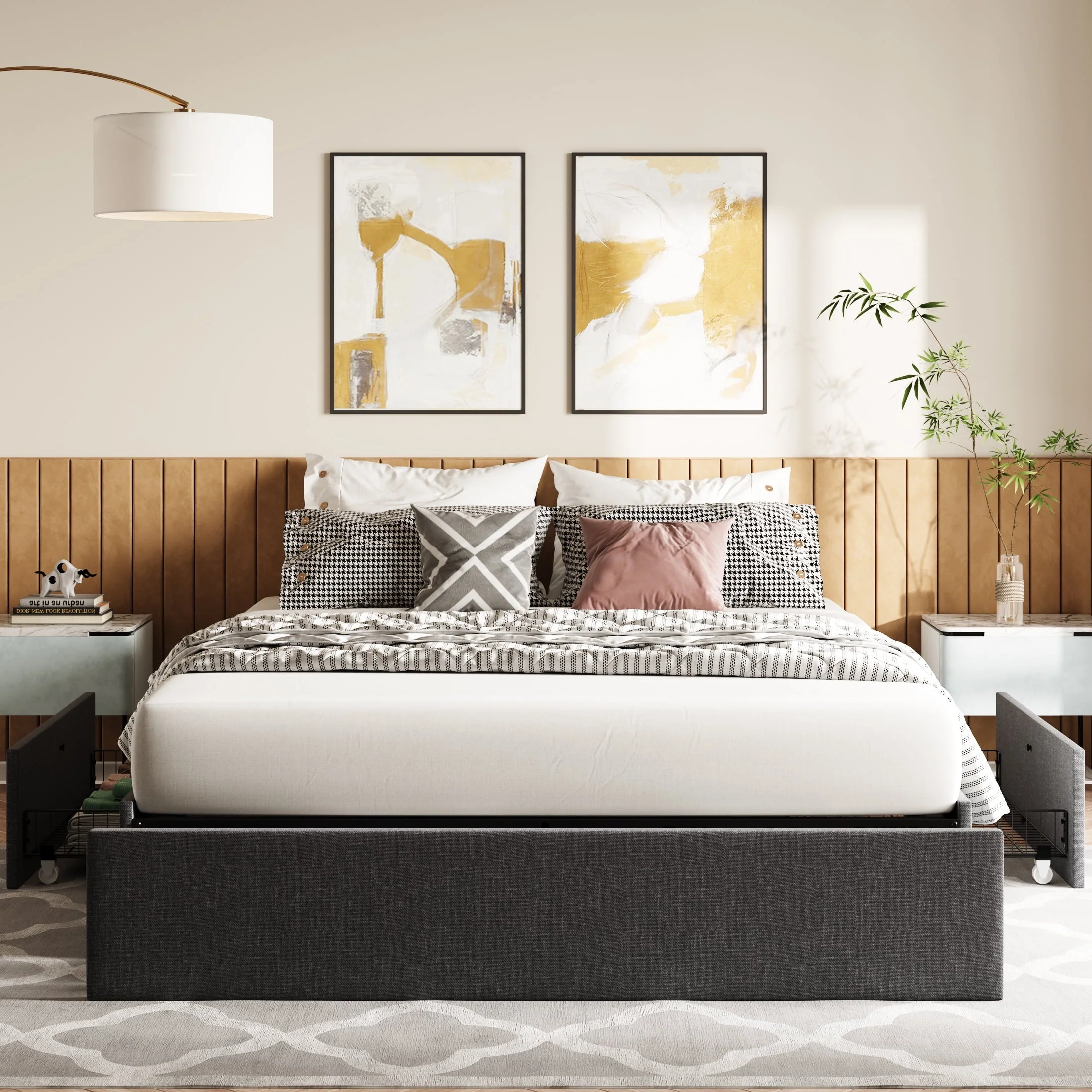 Amolife Queen Size Upholstered Platform Bed Frame with 3 Storage Drawers and Wooden Slats, Dark Grey Image 2