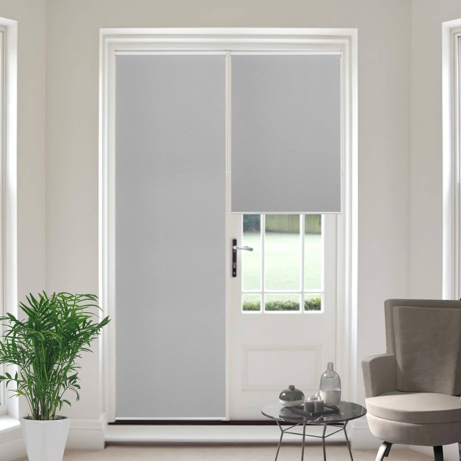 Joydeco Mini Blinds 100% Blackout Fabric Roller for Windows,Grey Thermal Roller Shades Insulated UV Protection for Home Office Bedroom French Doors, 3