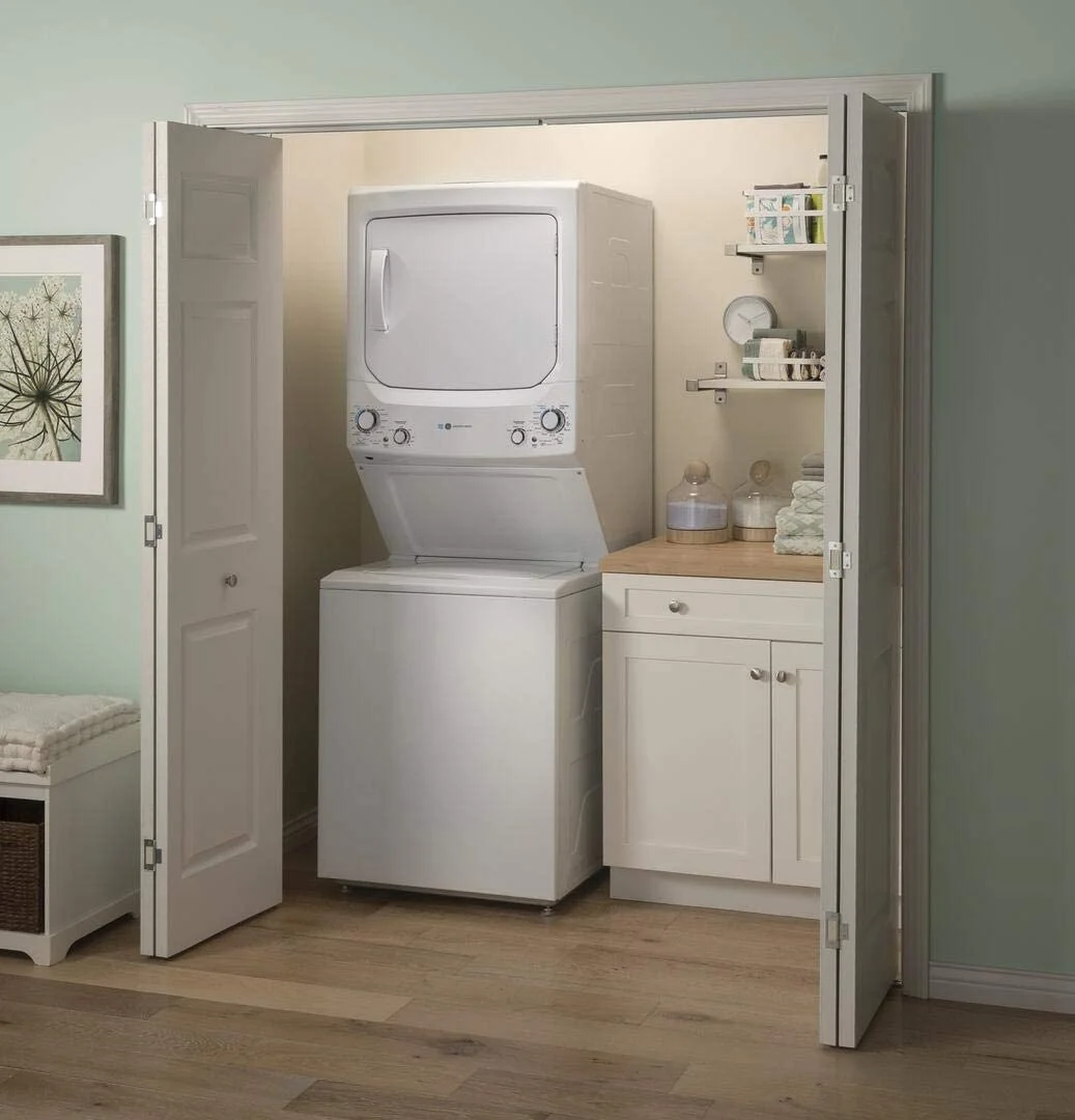 GE Unitized Spacemaker(R) ENERGY STAR(R) 3.9 Cu. Ft. Capacity Washer with Stainless Steel Basket and 5.9 Electric Dryer - GUD27EESNWW