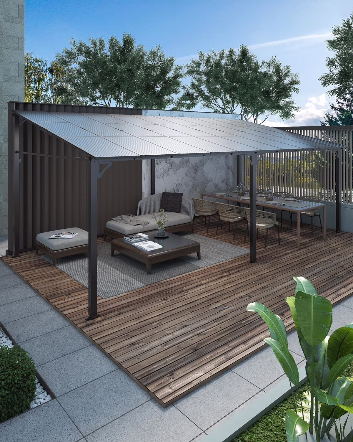 Pinypikaka 12'X20' Outdoor Hardtop Gazebo, Lean - to Pergola with Roof for Lawn Patio Deck Yard Party