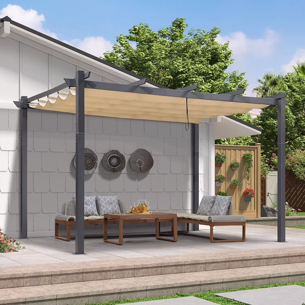 PURPLE LEAF Pergola 9.5' X 13' Outdoor Retractable Pergola Against The Wall with Sun Shade Canopy Aluminum Patio Pergola for Porch Garden Yard, Beige