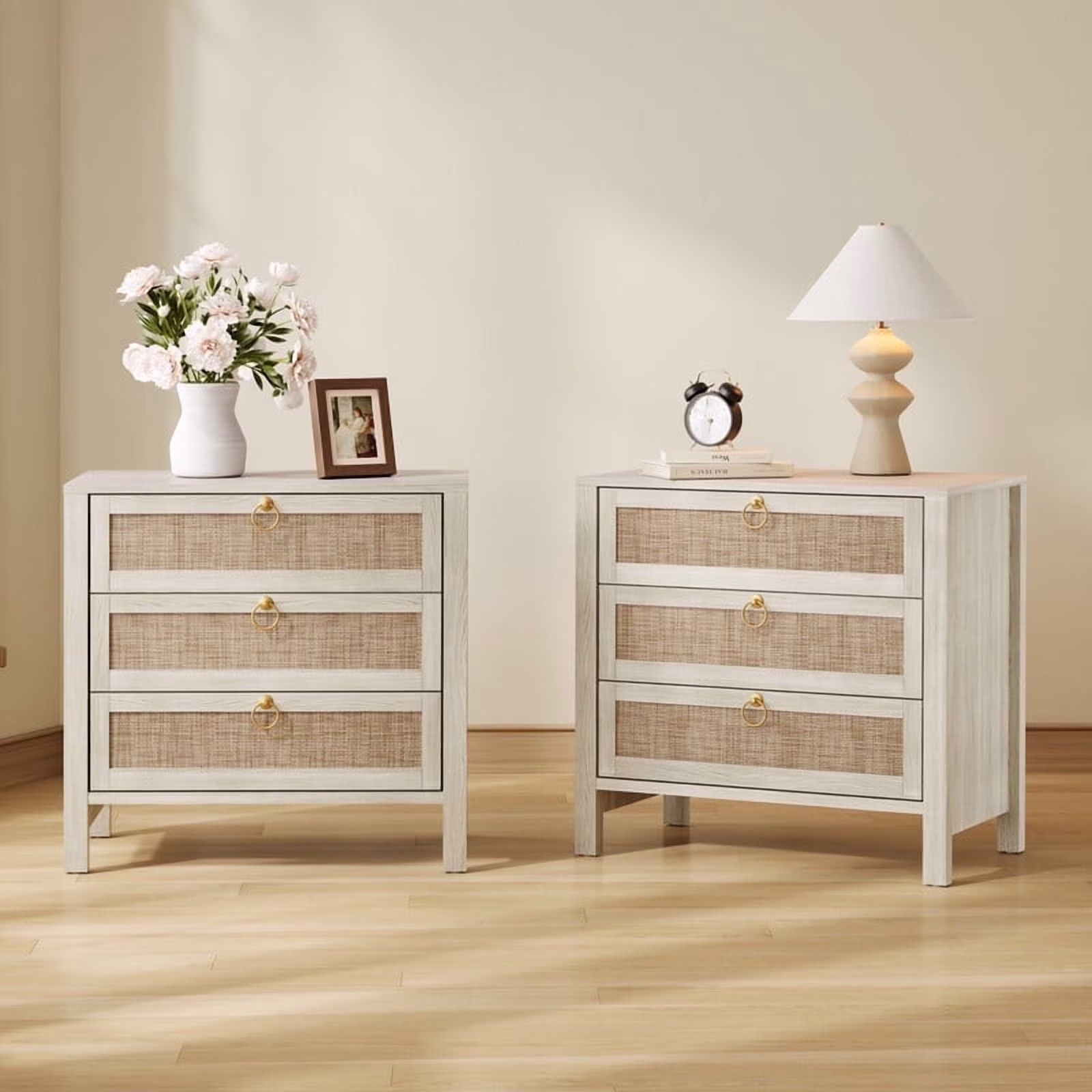Oak Boho 3-Drawer Nightstand Set of 2 Extra Wide Storage Night Stand with Gold Handles LargeTall Bed Side Table for Bedroom Living Room Enterway(Cherry Oak/Single) - Image 3