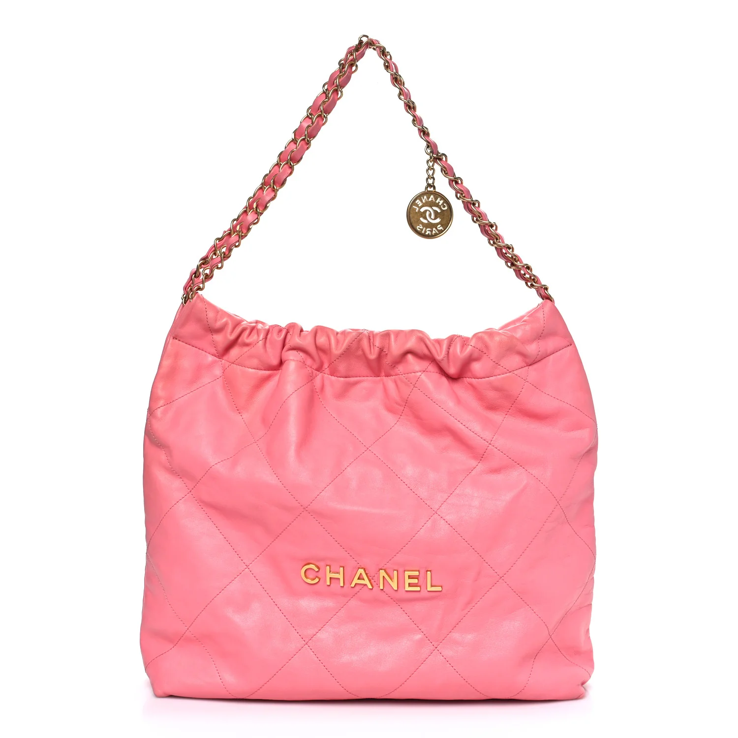 Shiny Calfskin Quilted Chanel 22 Drawstring Bag Coral Pink
