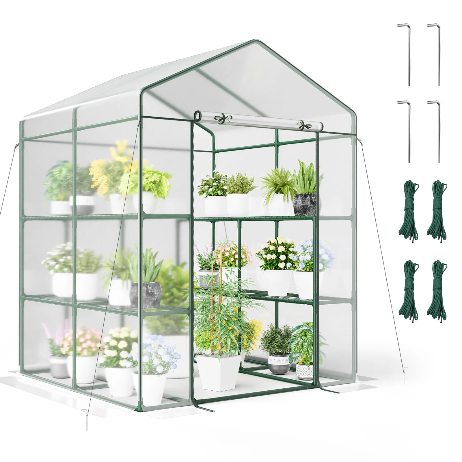 Portable Mini Walk-in Greenhouse with 3 Tiers 8 Shelves, PVC Cover, Roll-Up Zippered Door & Heavy-Duty Metal Frame for Indoor Outdoor Garden Yard