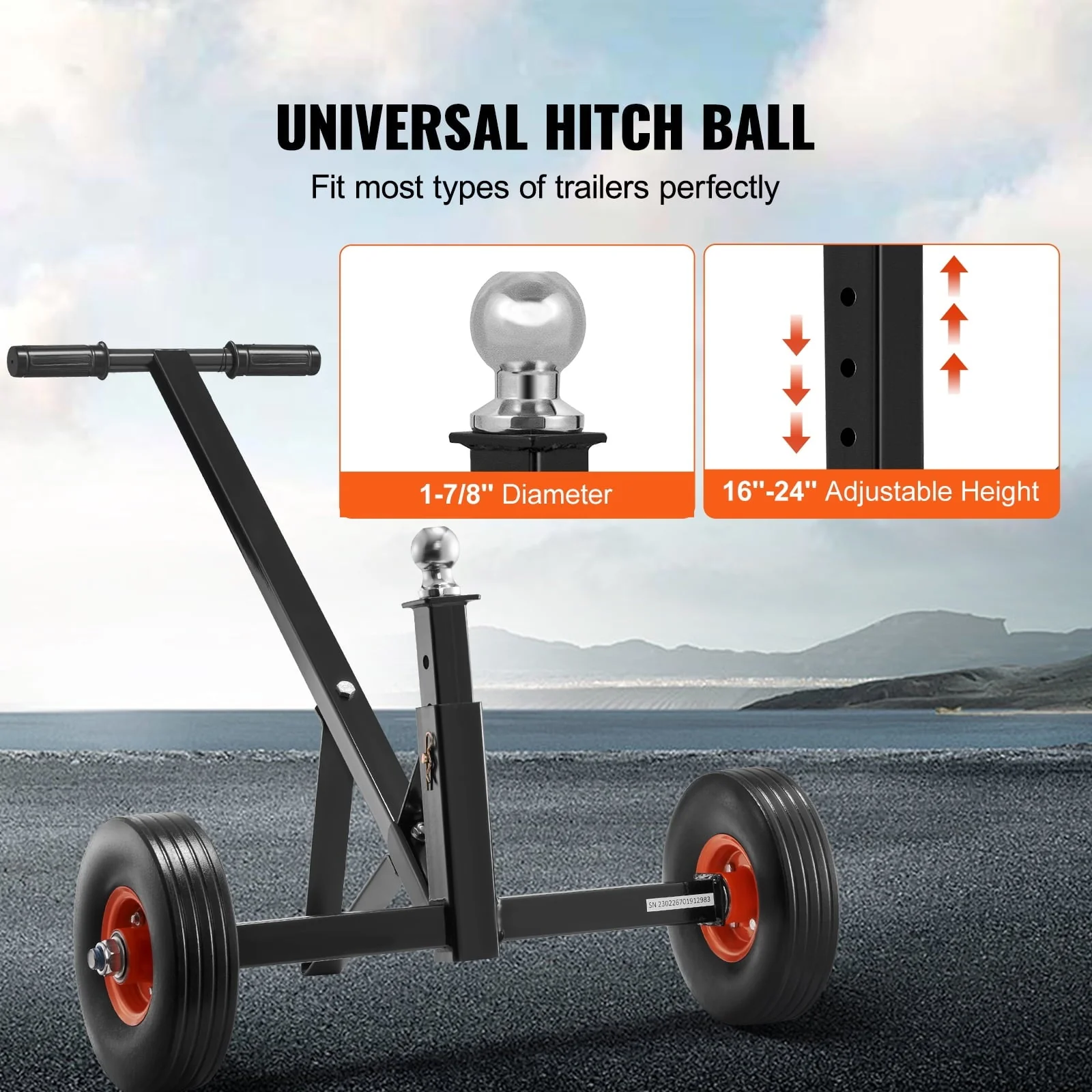 BENTISM Adjustable Trailer Dolly, 600 lb Tongue Weight Capacity, Carbon Steel Trailer Mover with 16'' - 24'' Adjustable Height, 1 - 7/8'' Hitch Ball & 10'' Solid Tires