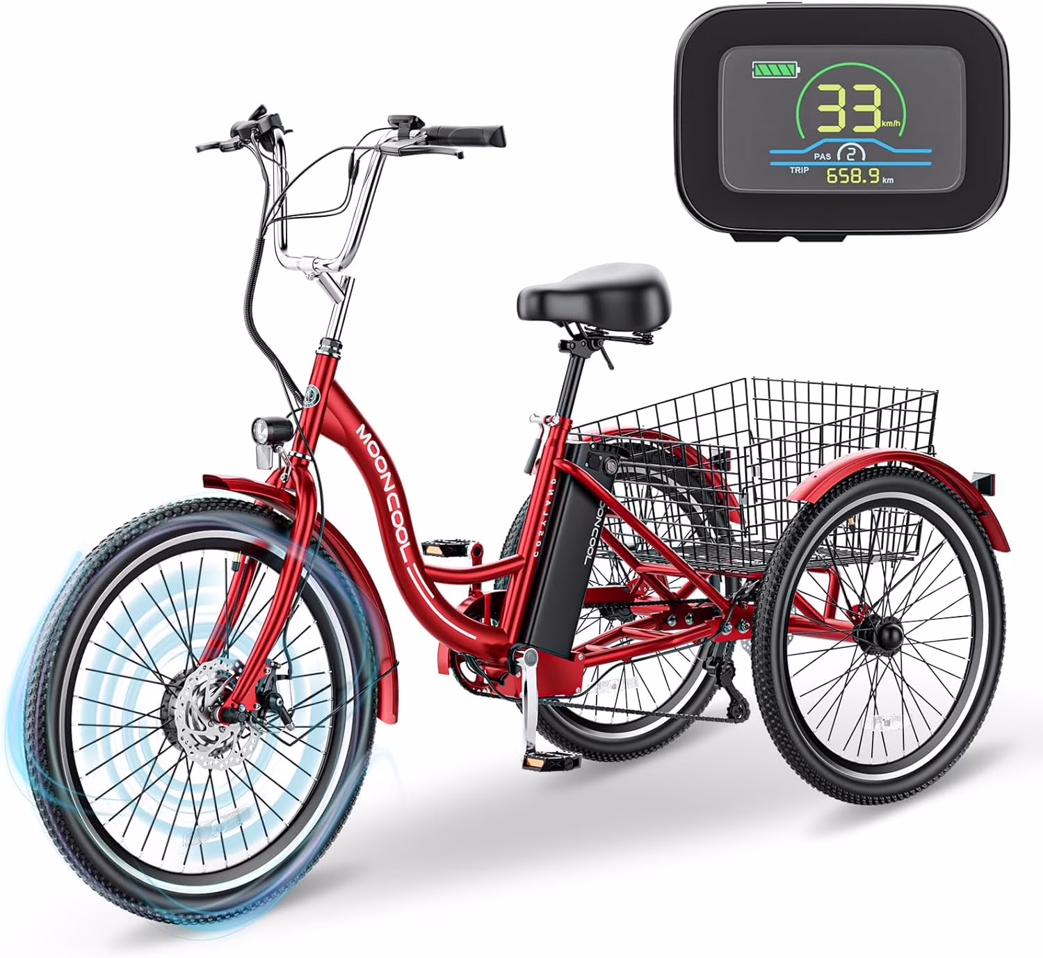 24" 26" Electric Tricycles, 36V 10Ah 350W Lithium Battery, 7 Speed E-Trike for Adults with Large Capacity Rear Basket Adjustable Seat(24" Tire 7 Speeds/Cyan) - Image 10