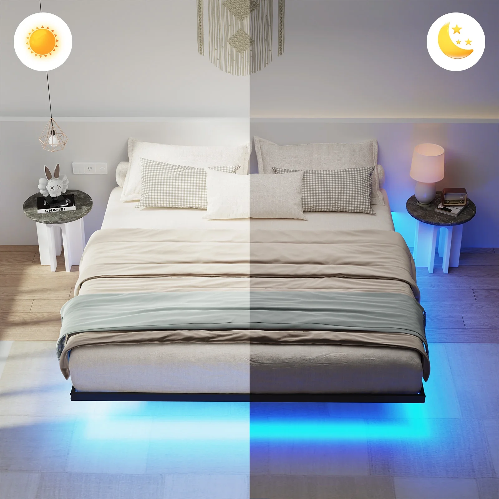 King Size Floating Bed Frame with LED Lights Bed Storage Metal Platform Bed Frames with Steel Slat Support Anti-Slip Easy Assembly, Black(King) - Image 8