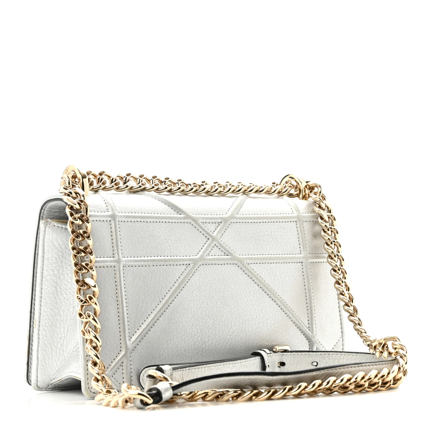 Metallic Grained Calfskin Diorama Wallet on Chain Pouch Silver