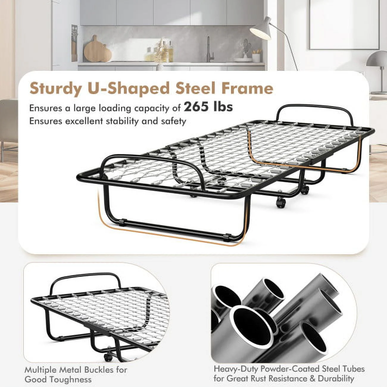 75" x 31" x 13" Folding Bed with Mattress, Rollaway Bed Metal Frame on Wheels, Portable Foldable Guest Bed for Adults, Cot Size Fold up Bed with Memory Foam Mattress - Image 3